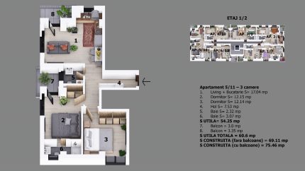 Apartament 5 – 3 camere– Etaj 1 – Suprafață utilă 54.25 mp
