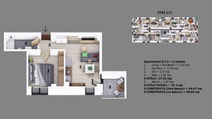 Apartament 6 – 2 camere – Etaj 1 – Suprafață utilă 37.25 mp